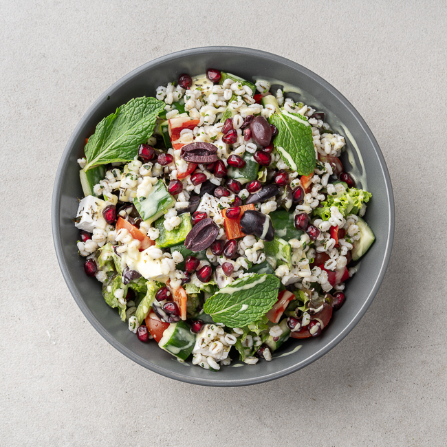 Mediterranean Barley Salad with Feta & Pomegranate Jewels
